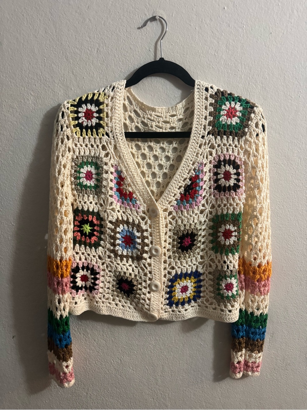 Cream Crochet Cardigan with Multicolor Granny-Square Accents